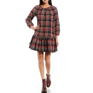 LDT Size 12 Red Green Plaid 3/4 Puff Sleeve Ruffled Poof Waistless Dress Pockets